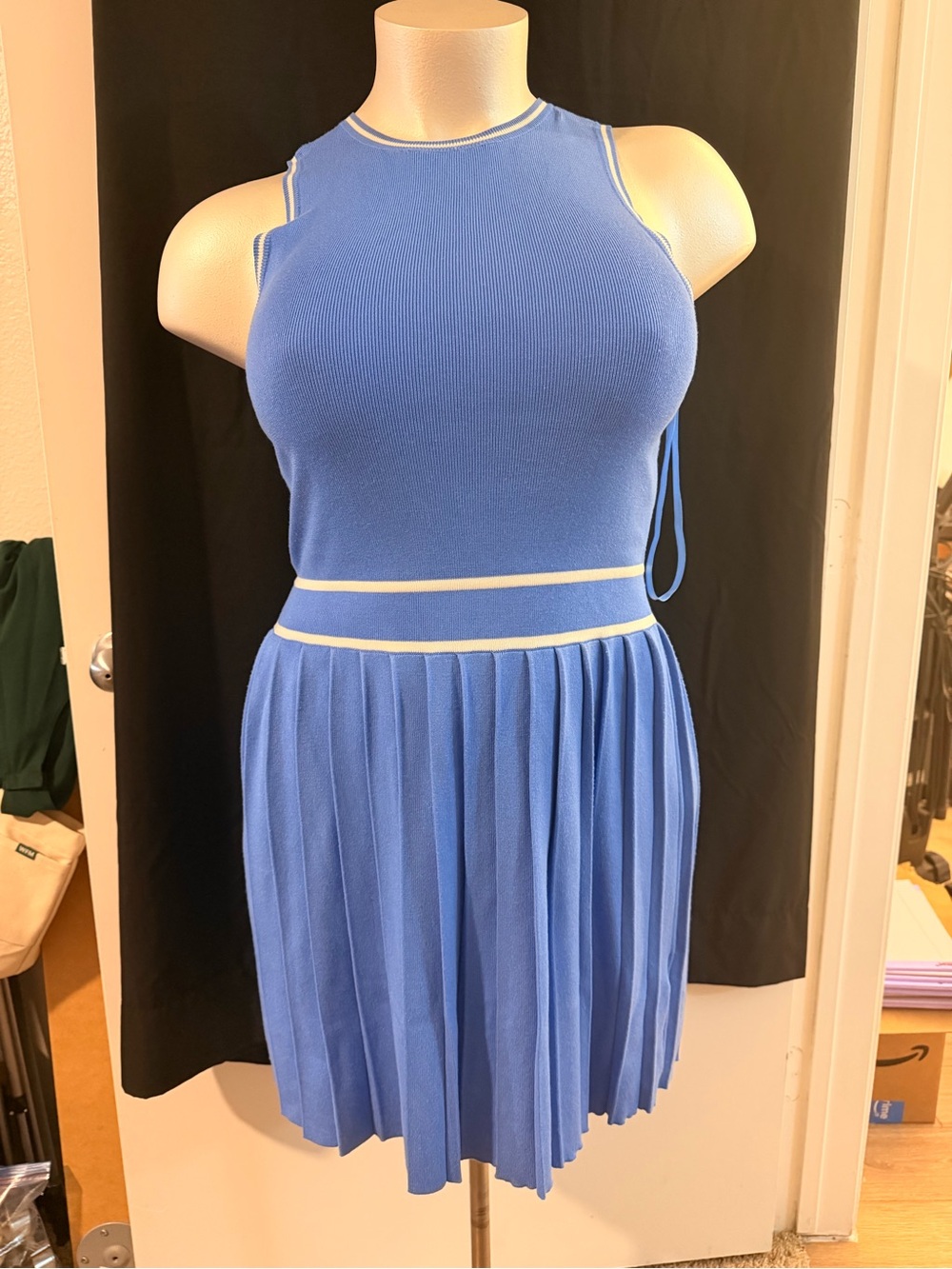 Abercrombie & Fitch Blue Sleeveless Pleated Knit Dress with Cream Trim
